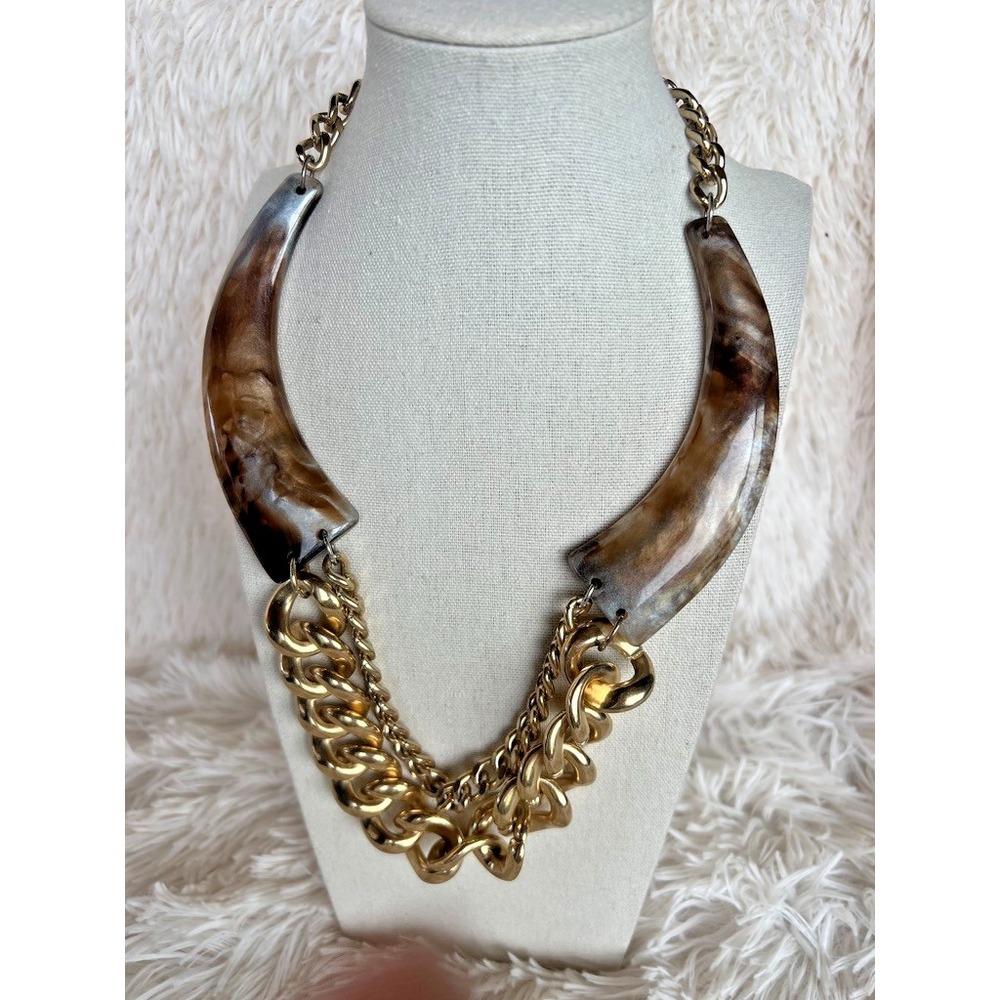 Chunky Necklace Gold Chain Tortoise shell look Horn Cowgirl Chic Statement Bold